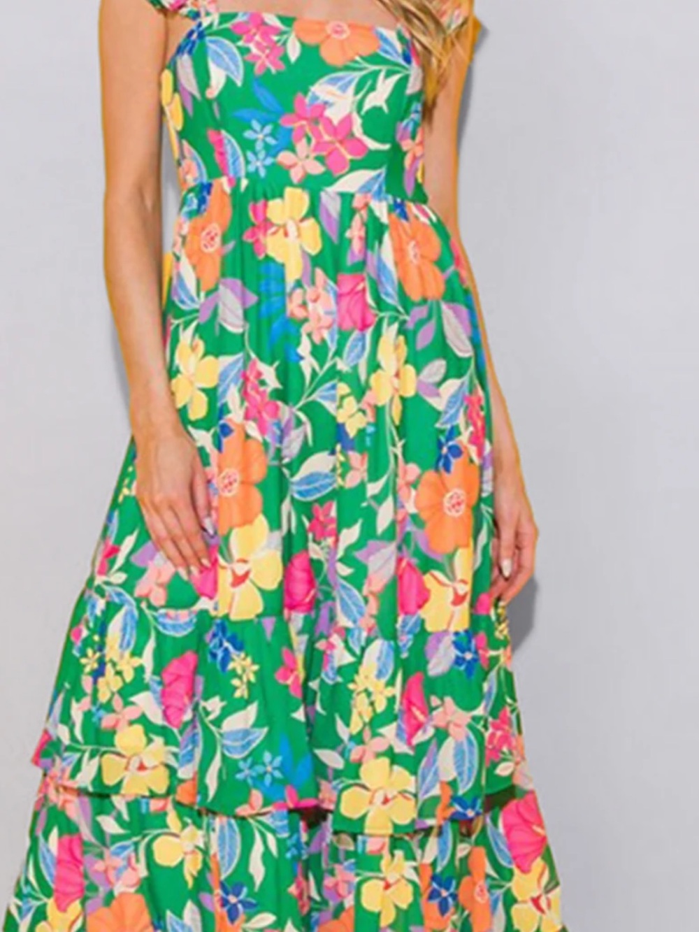 Green Floral Square-Neck Maxi Dress